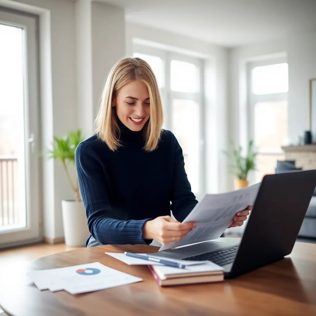 Jonge Nederlandse vrouw die haar financiën beheert op laptop