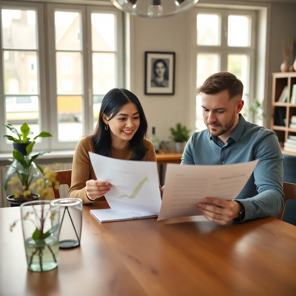 Paar dat financiële plannen bespreekt in Nederlandse woonkamer