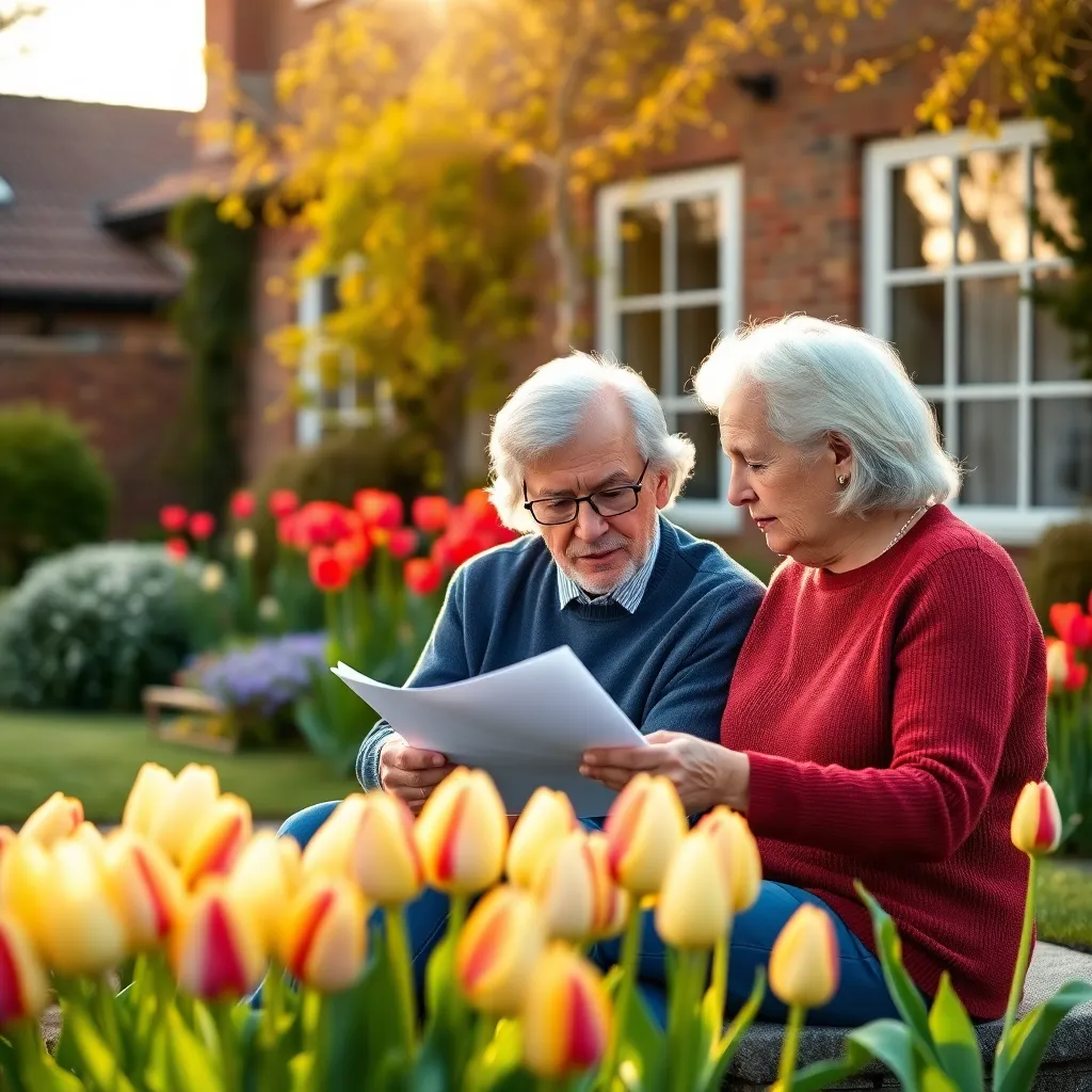 Senior koppel dat pensioenplanning bespreekt in Nederlandse tuin