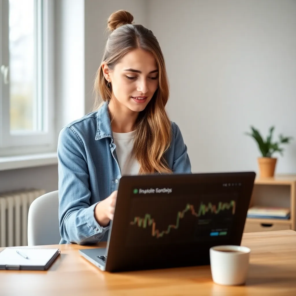 Jonge Nederlandse vrouw die op haar laptop beleggingsplatform bekijkt